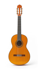 Obraz premium A detailed image showcasing a classic wooden guitar with intricate designs around the sound hole, isolated on a white background.