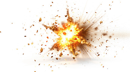 A dynamic explosion with a burst of fire, smoke, and debris captured at the moment of impact, isolated on a white background.