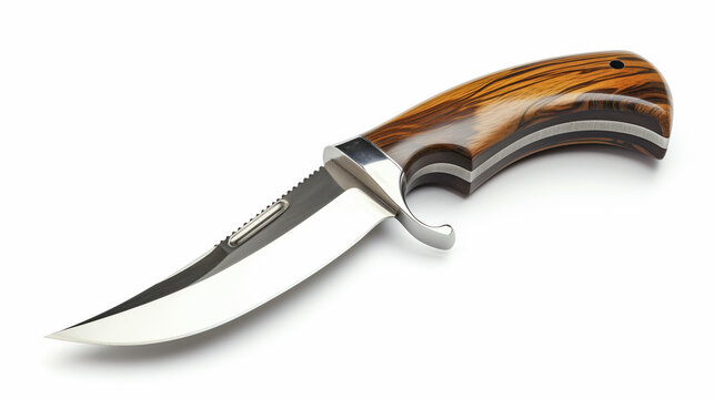 A high-resolution image showcasing a sharp, elegant hunting knife with a polished wooden handle, isolated on a white background.