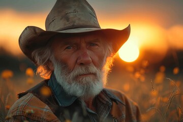 A rugged cowboy in a stylish fedora stands tall against the sunset, his human face framed by a dusty beard and iconic cowboy hat, embodying the essence of the wild west - obrazy, fototapety, plakaty