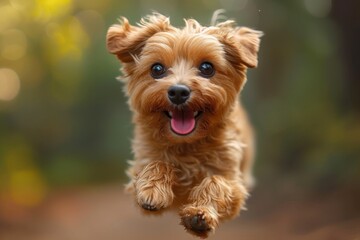 A lively yorkipoo puppy leaps joyfully through the air, showcasing the playful spirit and energetic nature of this beloved poodle crossbreed
