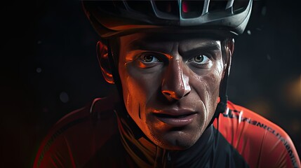 close-up portrait of a cyclist. Facial expressions, sweat and determination, emphasizing the connection between man, sport and evening workout.