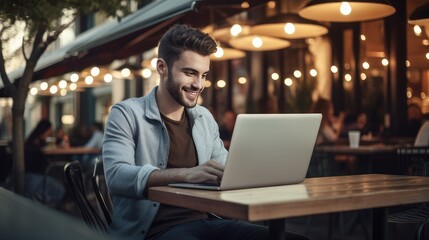 young man smiling, looking away and working at a laptop