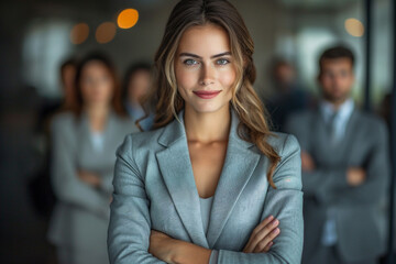 Naklejka premium Portrait of a professional business woman exuding confidence, leadership skills on display, essential for corporate success, teamwork concept in the background..