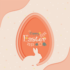 Trendy vector abstract paper cut illustration of orange color paper art easter rabbit, flowers and egg shape.