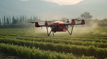 drone on the field, agrodrone, which is used in agriculture for irrigation and spraying of crops.