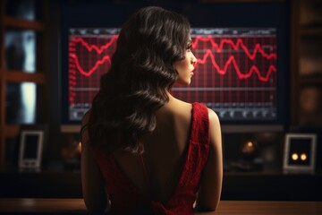 Elegant trader evaluating statistical graphs in a dark office.