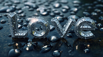 Love word and water drops on a black background