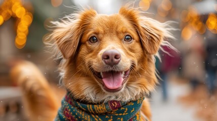 Cute dog with with a green scarf around his neck on green background. St. Patrick's Day celebration