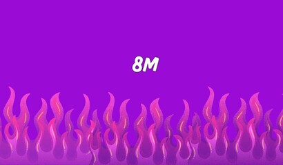 woman day 8 march purple background with flames and fire down pink, purple and yellow
