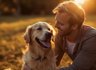 smiling man petting dog in the park outdoors on sunny day,