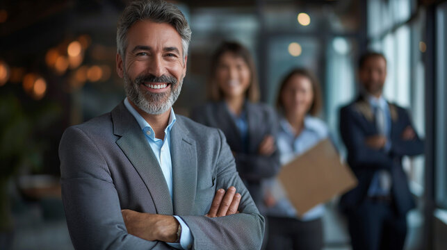 Charismatic CEO, professional business man portrait, leading with innovation, concept of a dynamic business team, corporate acumen in focus..