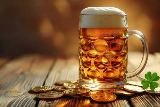 There is a mug of beer with coins and clover on the wooden table. The traditional taste of hops. The concept of celebrating St. Patrick's Day, an Irish holiday. copy space
