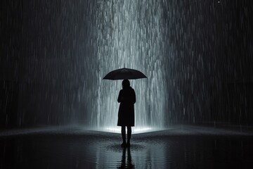 A person stands under an umbrella in a downpour, bathed in a cylinder of light against a dim, misty background, portraying isolation amid nature's force.