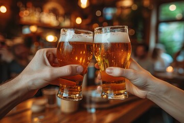 Two hands raise a frothy pint of wheat beer, clinking glasses in celebration at the bar while surrounded by various drinkware and tableware