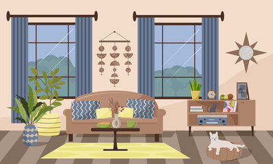 Living room interior with two large windows. Sofa, coffee table with vase, cups and cookies. A stand with a record player, records, candles and clocks, figurines. Flowers and mirror, decorative wall