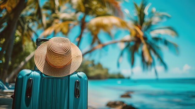 Panoramic view of the seacoast with suitcases with straw hat on the sand beach