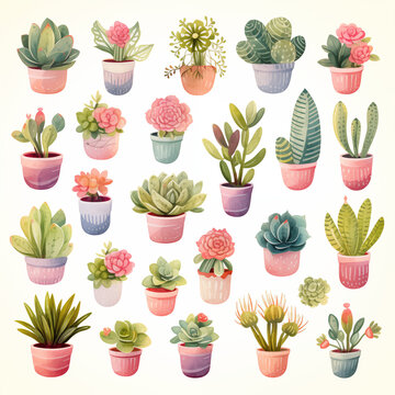 Illustration set of  watercolor home plants succulents in pots on white background.  Colorful soft bright flowers painted by hand. Isolated objects echeveria, cacti