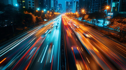 Fototapeta na wymiar Bustling Nighttime City Street With Heavy Traffic