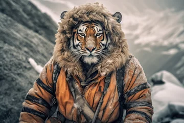 Foto op Plexiglas a tiger dressed as a climber who conquers mountain © RealPeopleStudio
