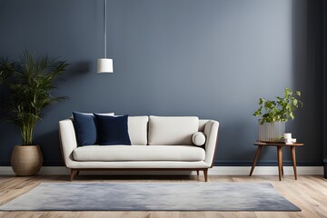 Modern Elegance Unveiled: Muted Tones, Couch, and Wooden Floor Symphony with hanging lamp