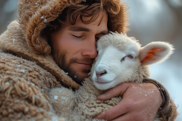 A rugged man cradles a fluffy sheep, their contrasting faces of weathered skin and soft fur mirroring the bond between human and animal in the great outdoors, as a woman looks on with a gentle smile