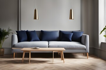 Muted Elegance: Modern Minimalist Vibe with Couch, Hanging Lamp and Wooden Floor