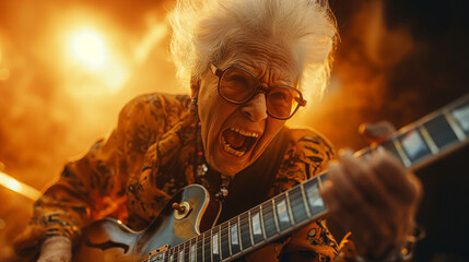 Elderly Man With Glasses Playing Guitar