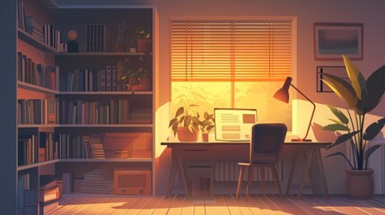 A cozy study room with a dedicated study desk, set against the backdrop of a perfect lofi music atmosphere. The lighting is warm and mellow, - obrazy, fototapety, plakaty