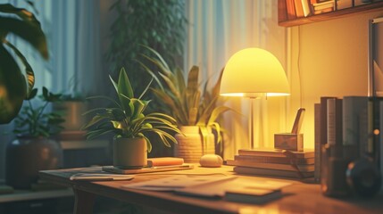 A cozy study room with a dedicated study desk, set against the backdrop of a perfect lofi music atmosphere. The lighting is warm and mellow,