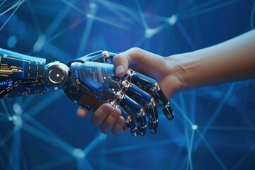 Fototapeta premium A handshake between a robot hand and a human hand, Technologies AI concept. Generative AI.
