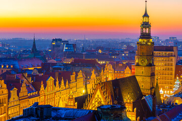 View of Wroclaw market square after sunset, Poland