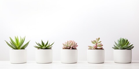 Succulent plants on white surface for copy space in home decor.