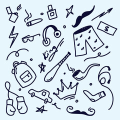 Vector set of men's things, various crowns, stars, arrows, lightning, signs and symbols. Hand drawn, doodle elements isolated on light background.