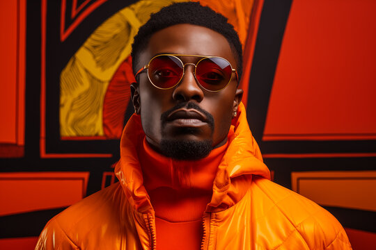artistic portrait of an African-American model looking seriously at the camera and dressed in a vibrant orange color, with a mural in the background. Generative AI