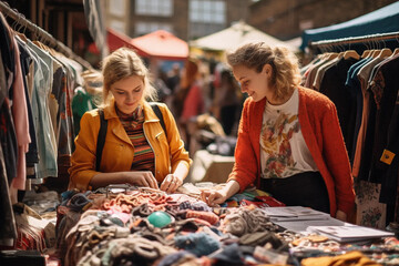 Two girls browsing vintage clothes at the stalls, enjoying London Brick Lane street market. Ai 3d render.