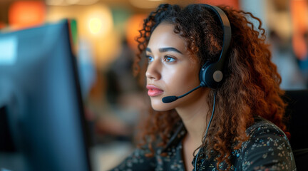 Pensive female helpdesk service agent working on computer at call center
