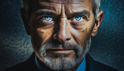 Intense portrait of a mature man with striking blue eyes and rugged features against a dark background.