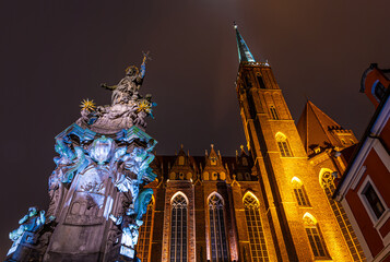 View of Collegiate Church of the Holy Cross in Wroclaw in the night, Poland - obrazy, fototapety, plakaty