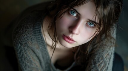 A young woman with a worried expression unsure of her own thoughts and memories.