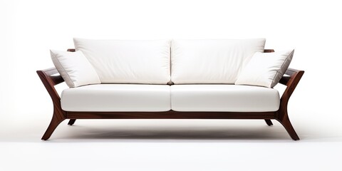 Angular white sofa with dark wooden legs, isolated on a white background.
