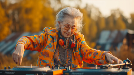 Old Woman Playing Music on a Turntable