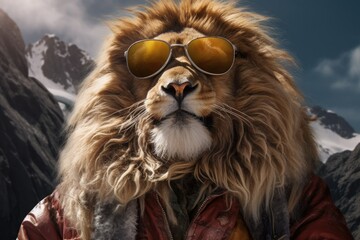 Obraz premium a lion dressed as a climber who conquers mountain