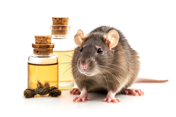 Rat next to jars of liquid, animal testing, isolated on white background