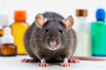 Rat in front of bottles, animal testing, isolated on white background