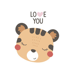Love you. Cartoon tiger, hand drawing lettering. colorful vector illustration, flat style. design for print, greeting card, poster decoration, cover