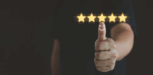 Customer satisfaction concept. Hand with thumb up positive emotion happy smile face icon and five...