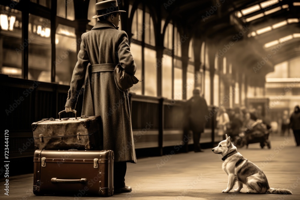 Poster A man and his dog standing in a train station. Generative AI.