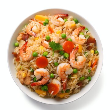 a shrimp fried rice, studio light , isolated on white background