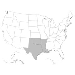 USA states West South Central  regions map.